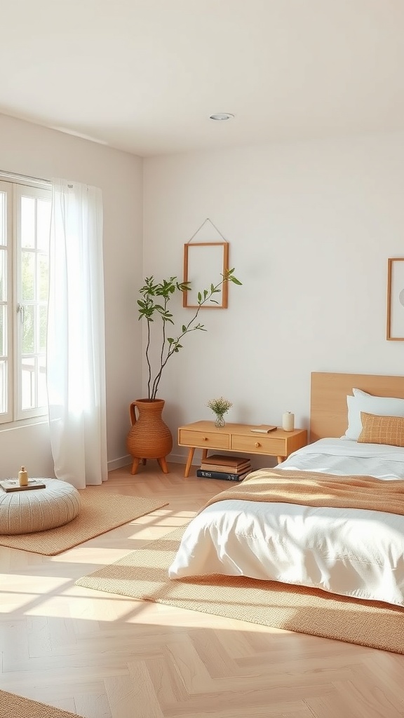 A serene teen bedroom with a minimalist design, featuring light wood flooring, a cozy bed, and a potted plant.