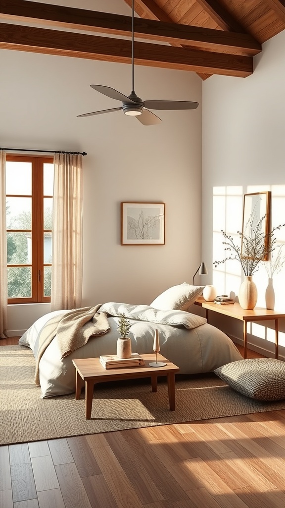 A serene bedroom with wooden beams, soft bedding, and natural light.