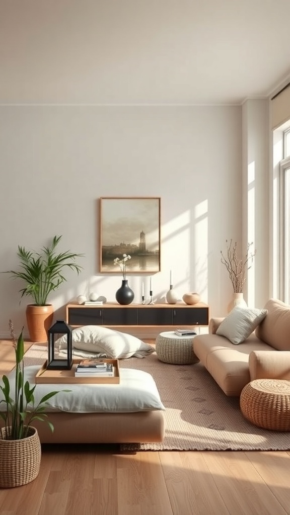 A serene living room featuring natural elements, soft colors, and cozy furniture.