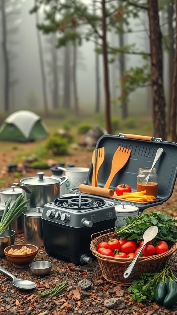 Camp kitchen setup in a forest with stove, pots, and fresh ingredients.