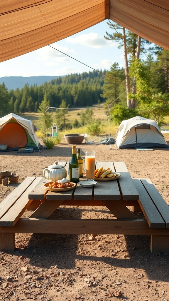 A cozy camping dining area with a table set for meals, surrounded by tents and a beautiful natural backdrop.