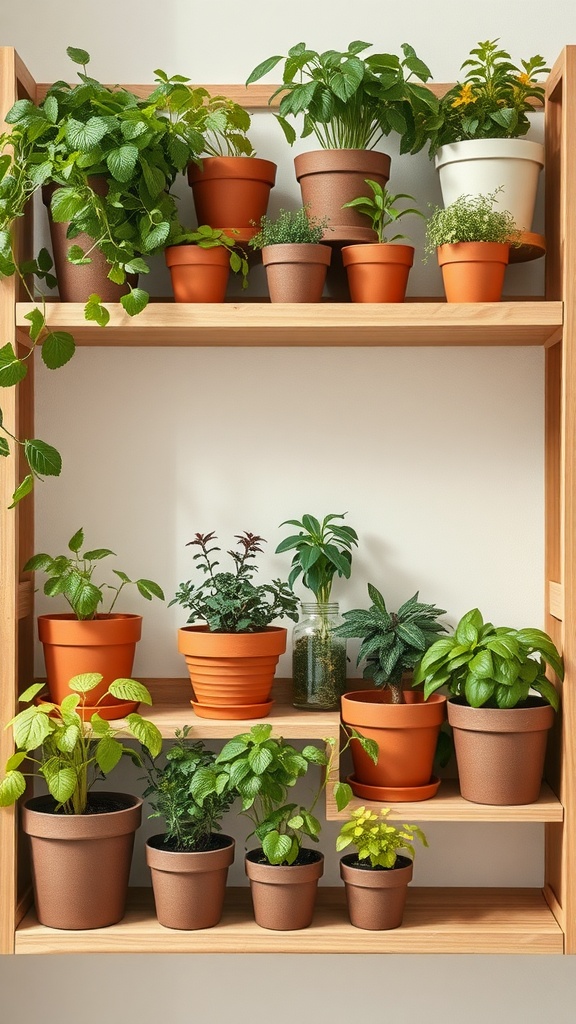 Indoor herb shelf with various plants in terracotta pots