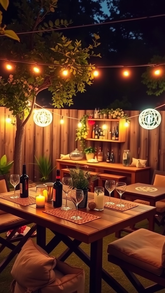 A cozy backyard bar setup with string lights, wine bottles, and a warm inviting atmosphere.