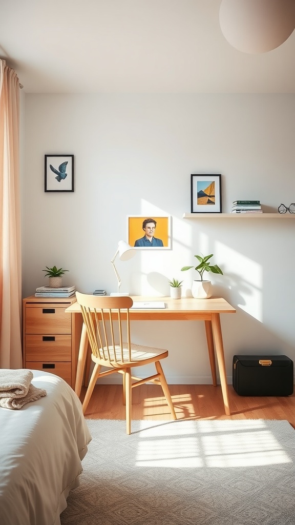 A cozy guest bedroom featuring a work nook with a wooden desk, chair, and decorative plants.