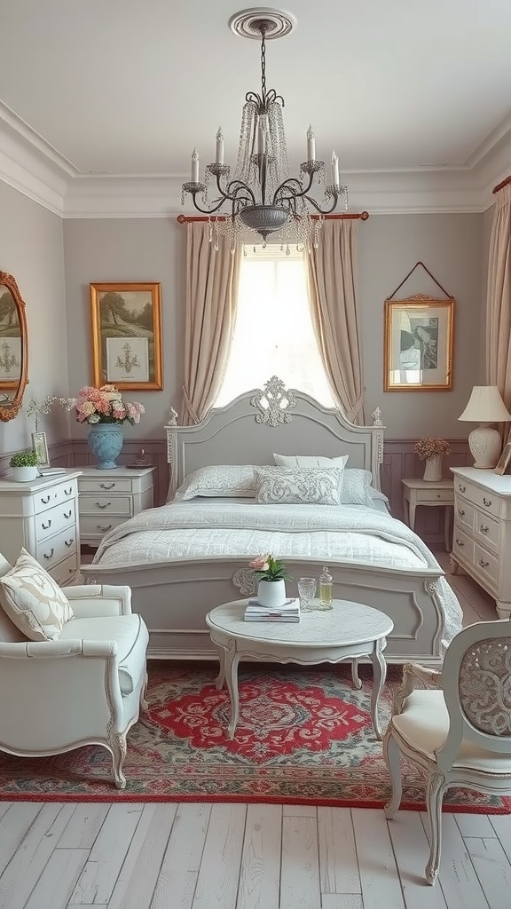 A beautifully arranged French country bedroom featuring shabby chic furniture, elegant chandelier, and vintage decor.