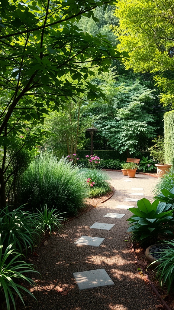 A lush shade garden with a stone path surrounded by green foliage and potted plants.