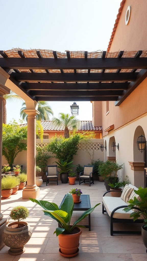 Mediterranean courtyard garden with pergola, plants, and seating area.