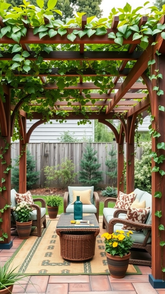 A cozy backyard pergola covered in greenery, featuring comfortable seating and potted plants.