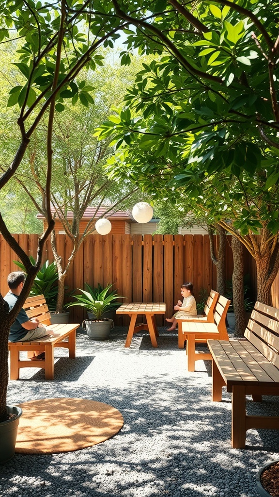 A shaded rest area in a toddler outdoor play area with wooden benches and a child sitting quietly