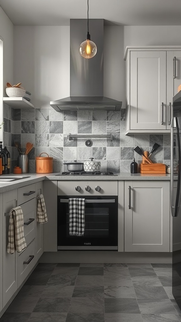 Modern grey kitchen with varied textures and warm lighting