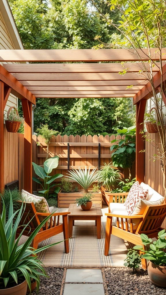 A cozy shaded backyard retreat with a wooden pergola, chairs, table, and various plants.