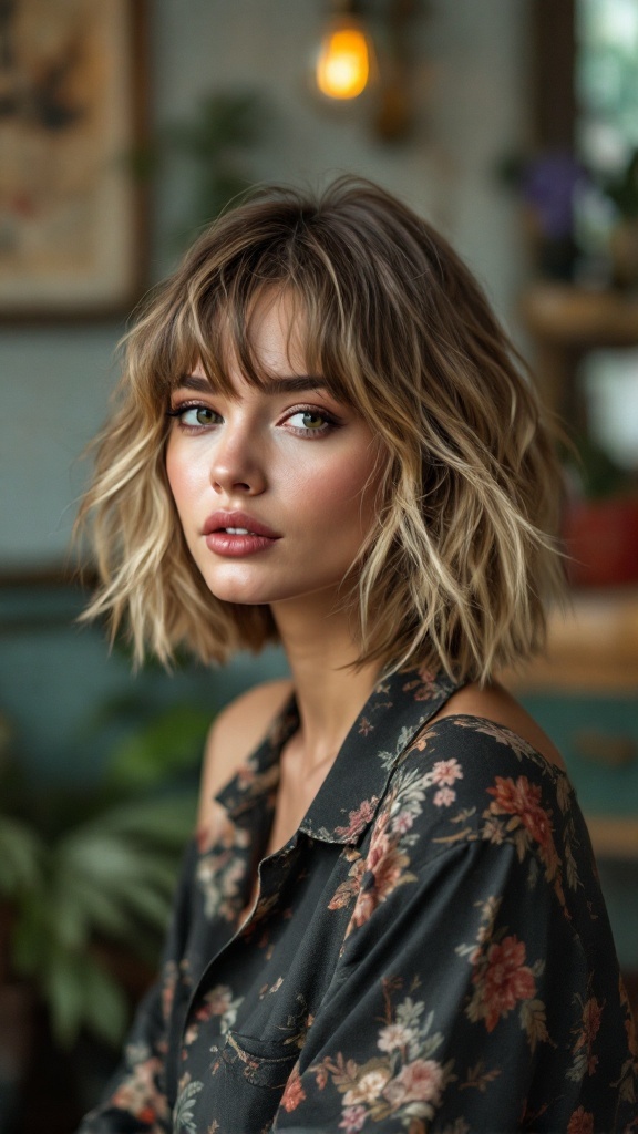 A woman with a shaggy medium bob hairstyle and bangs, wearing a floral shirt.