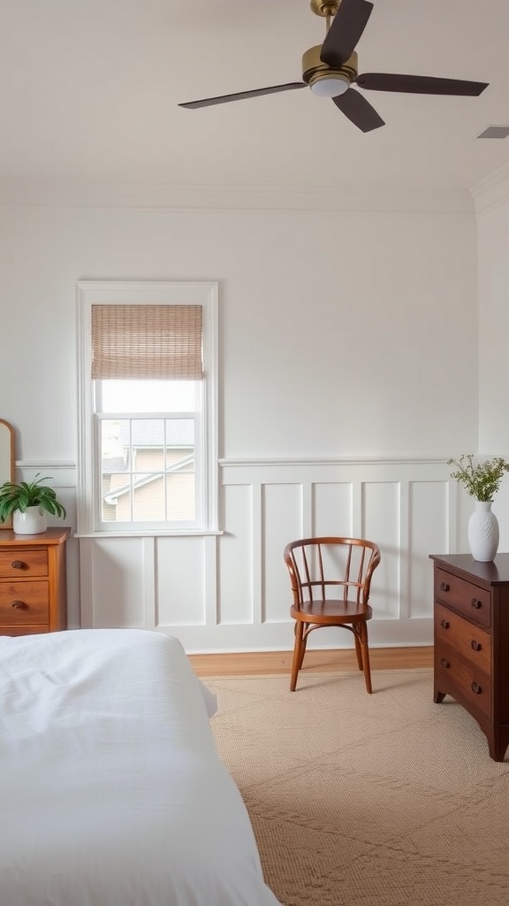 A bedroom featuring Shaker-style wainscoting, wooden furniture, and a window with natural light.