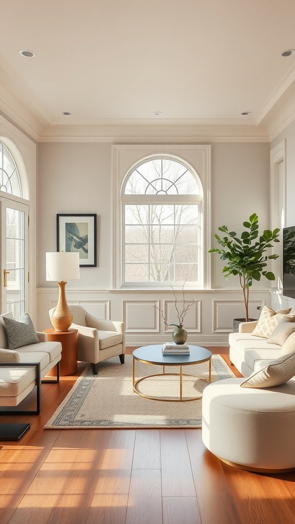 Living room featuring shaker style wainscoting with light colors and modern furniture.