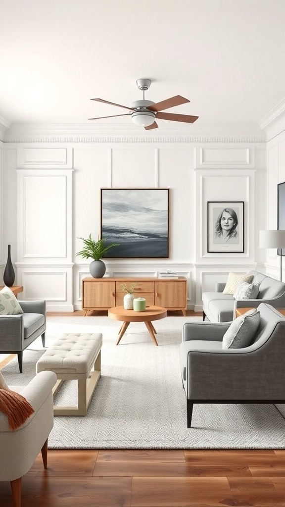 Living room featuring Shaker style wainscoting with light walls and warm wood flooring.
