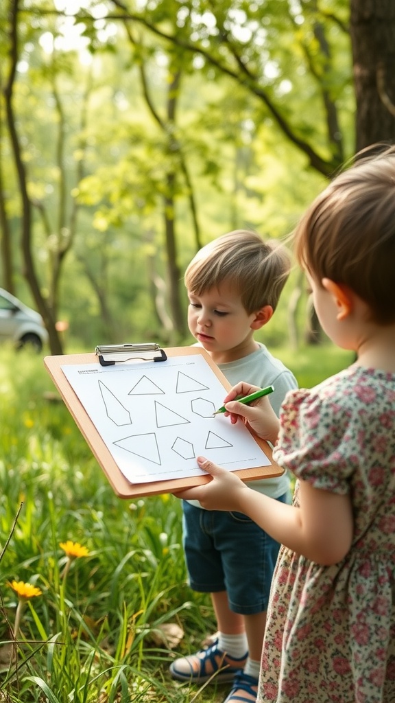 Two children outdoors participating in a shape search scavenger hunt