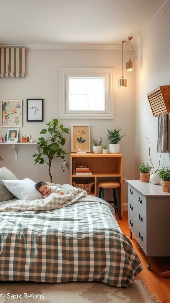 Cozy shared bedroom with a child nestled in bed surrounded by plants and gentle lighting.