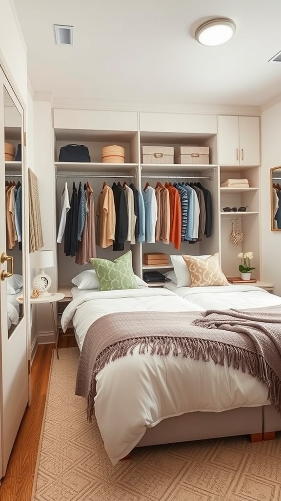 A shared bedroom with twin beds and a well-organized closet featuring neatly hung clothes and storage boxes.