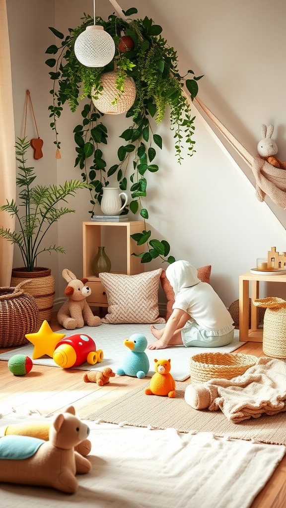 A cozy nursery area with plants and colorful toys for twins to play and interact.