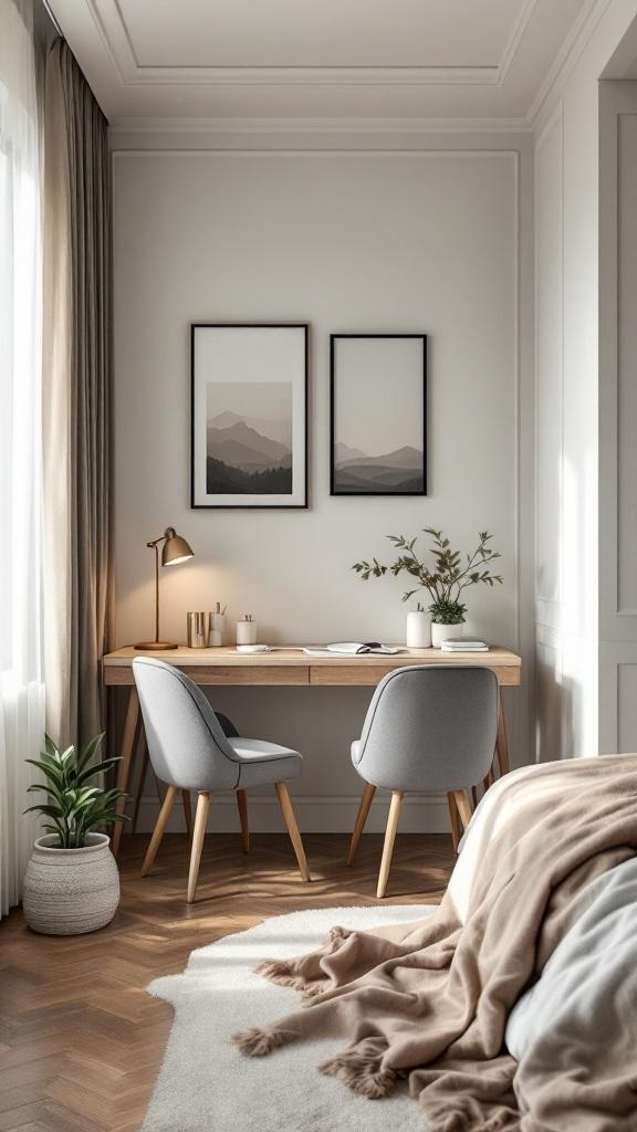 A cozy shared workspace corner in a bedroom featuring a wooden desk, gray chairs, and decorative elements.