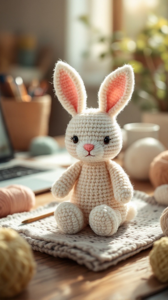 A cute crocheted bunny sitting on a knitted mat with yarn and a crochet hook in a cozy workspace.