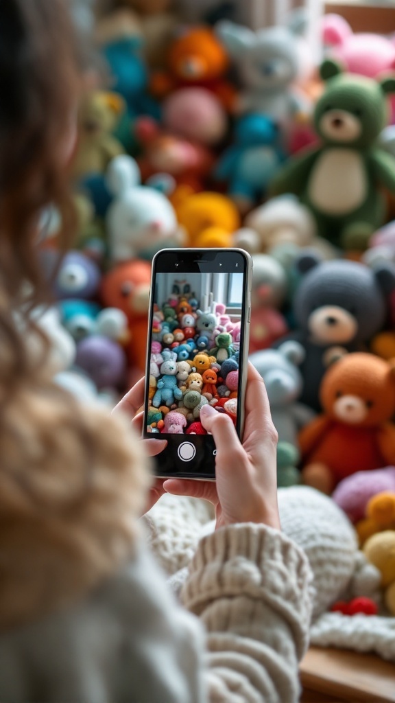 A person taking a photo of a variety of colorful crochet stuffed animals with a smartphone.