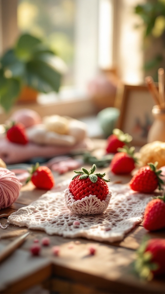 A cozy workspace showcasing vibrant crochet strawberries surrounded by yarn and crafting tools.