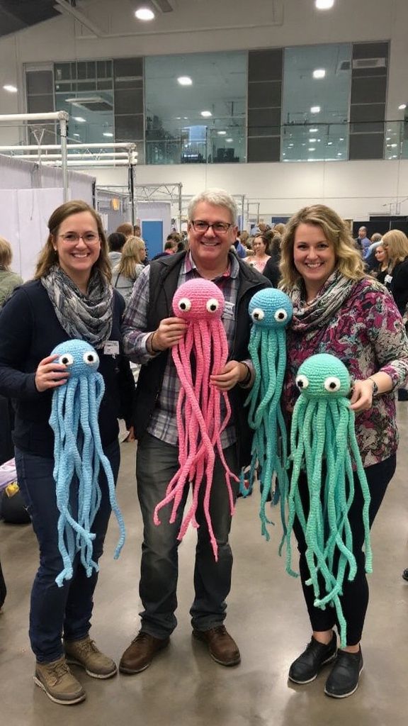 Crocheted jellyfish displayed on a table surrounded by colorful yarns