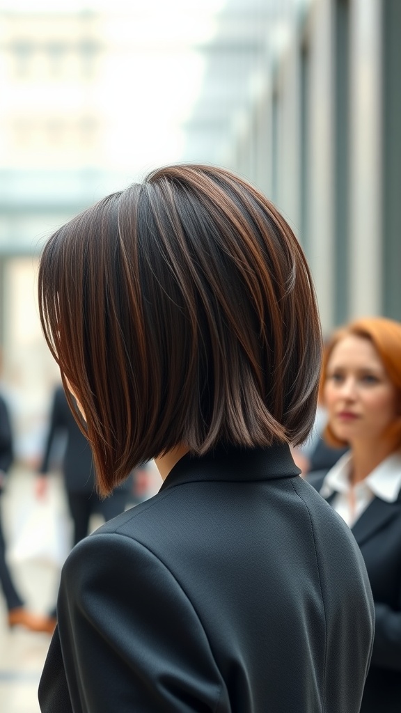 A woman with a sharp bob hairstyle featuring angular edges, dressed in business attire, in a professional setting.