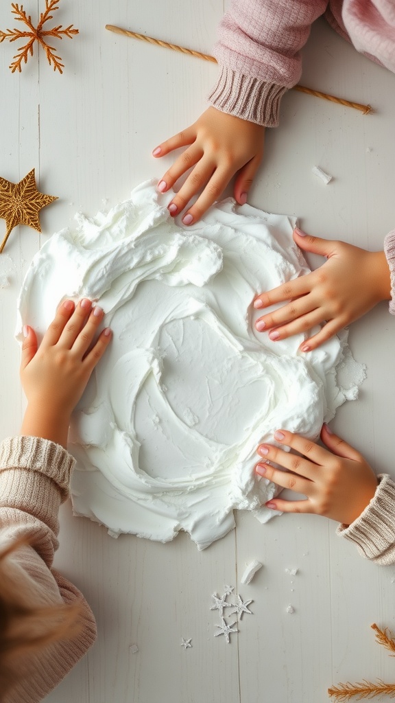 Children's hands mixing shaving cream on a table