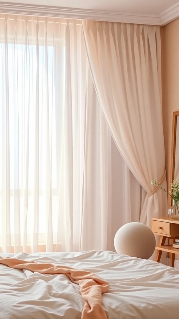 A bedroom with sheer curtains allowing soft light to enter, creating a cozy atmosphere.