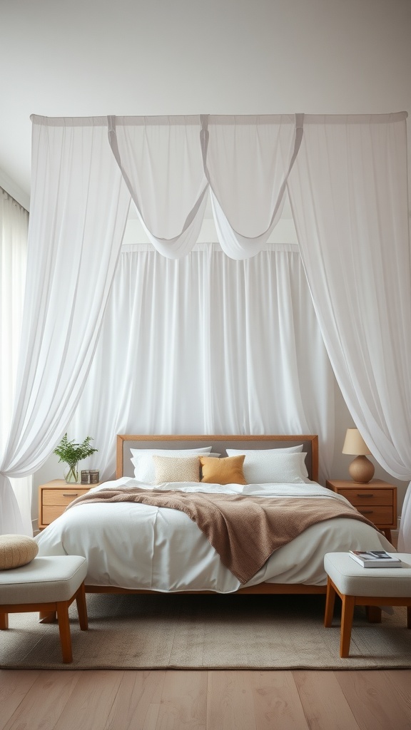 A cozy bedroom featuring sheer fabric drapes above the bed, creating a breezy and inviting atmosphere.