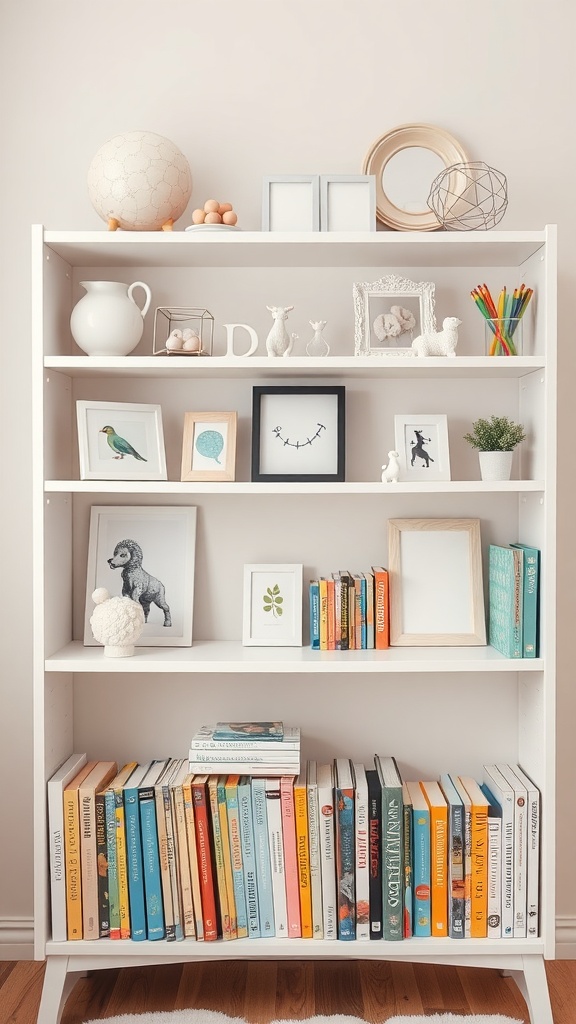 A beautifully organized nursery bookshelf with books and decorative items.