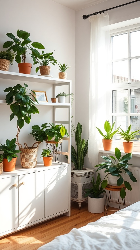 A bright and airy bedroom shelf filled with various indoor plants in different pots, creating a vibrant and inviting space.