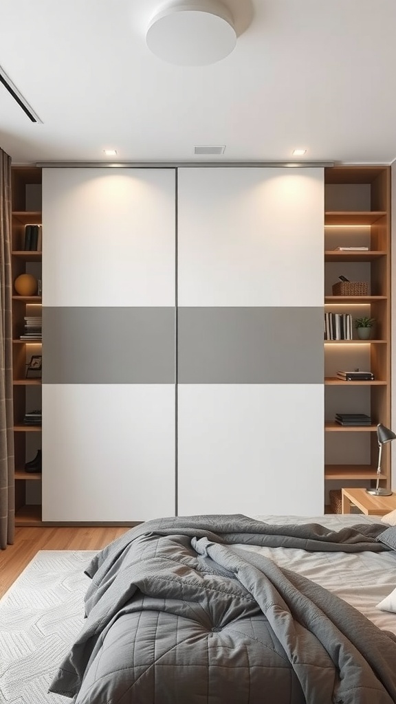 Bedroom shelving with sliding panels, featuring a modern design and organized space.