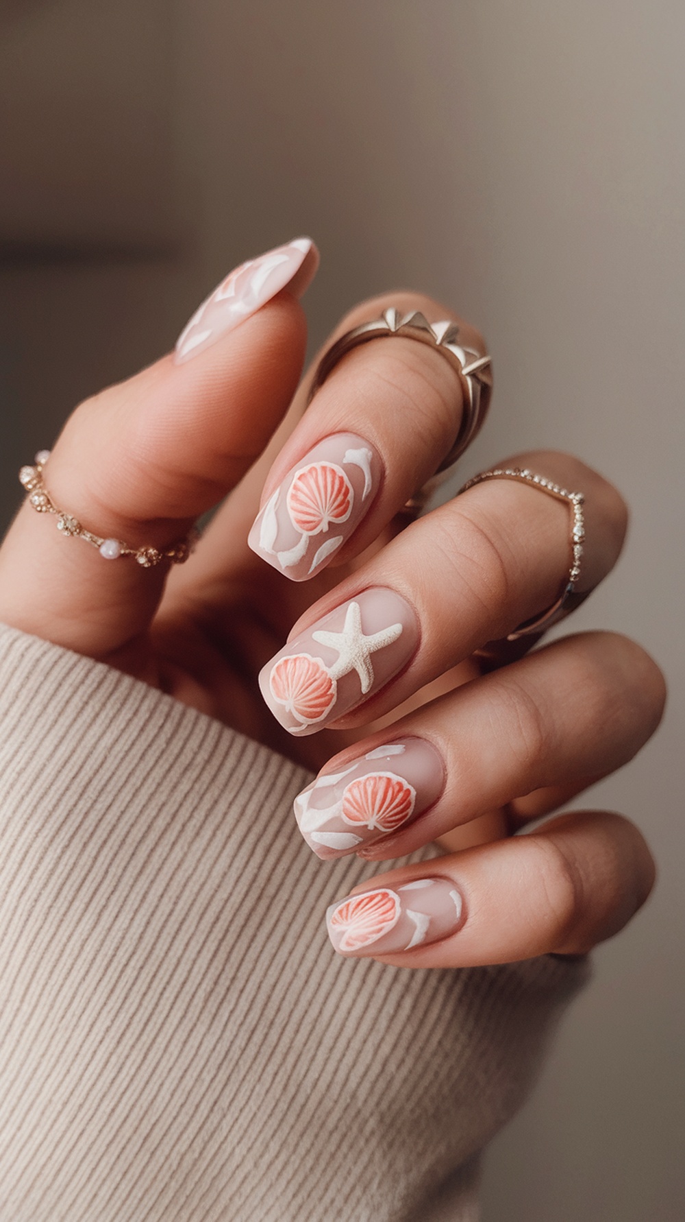 Nails featuring shell and starfish patterns in coral and white.