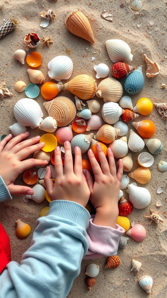 Colorful assortment of shells and sea glass with two hands exploring the collection