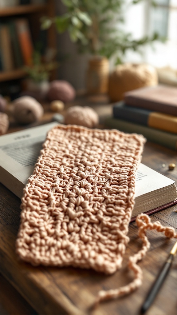 A handmade peach yarn bookmark with a shell stitch pattern resting on an open book.