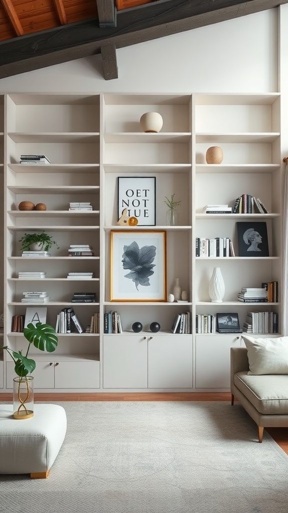 Stylish shelving unit in a living room acting as a room divider, displaying books and decor.