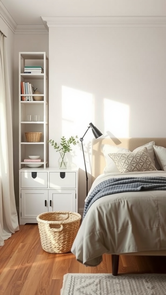 A cozy bedroom with a bed, a shelving unit with books and plants, and a decorative basket on the floor.
