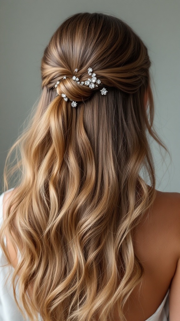Half up half down hairstyle with shiny waves and crystal pins