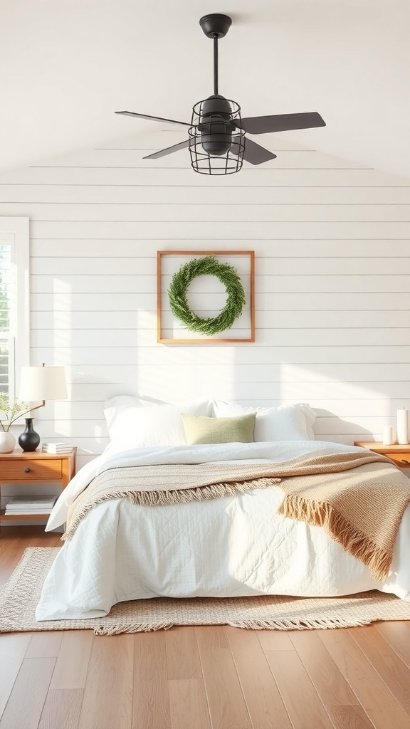 Cozy farmhouse bedroom with shiplap accent wall, bed with white linens, and natural wood furniture.