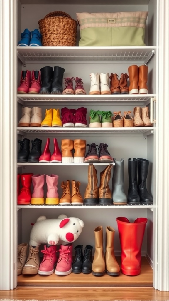 Organized kids' shoe closet with colorful footwear and storage bins.