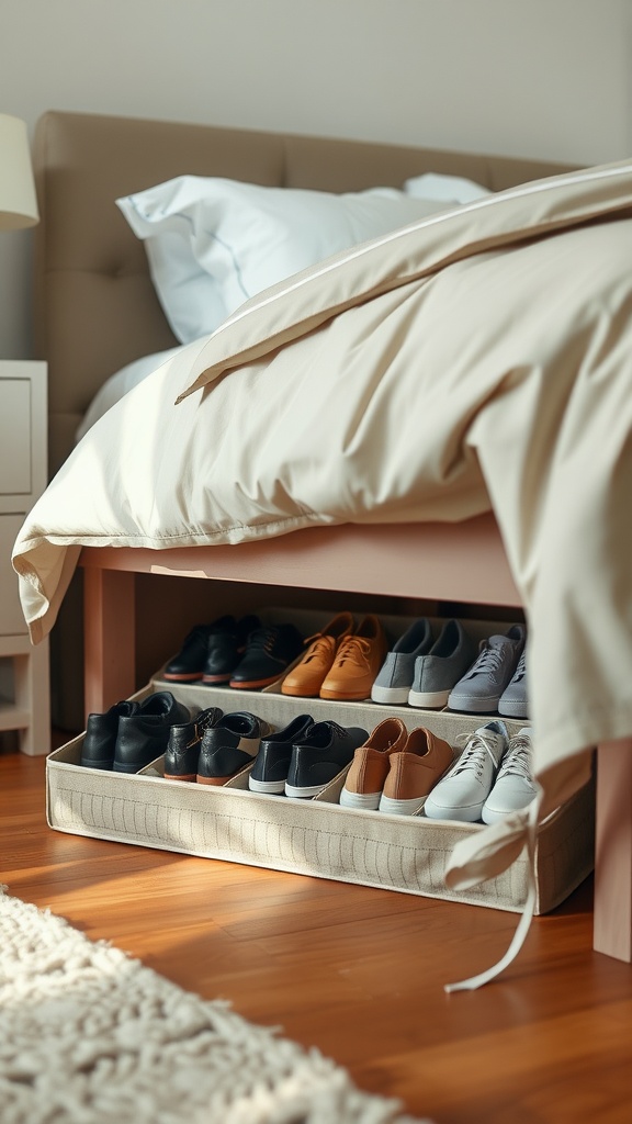 A cozy bedroom featuring a shoe organizer under the bed, showcasing different pairs of shoes neatly arranged.