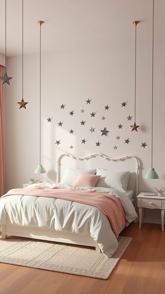 A cozy bedroom with star decorations on the wall and hanging from the ceiling, featuring soft bedding and warm lighting.