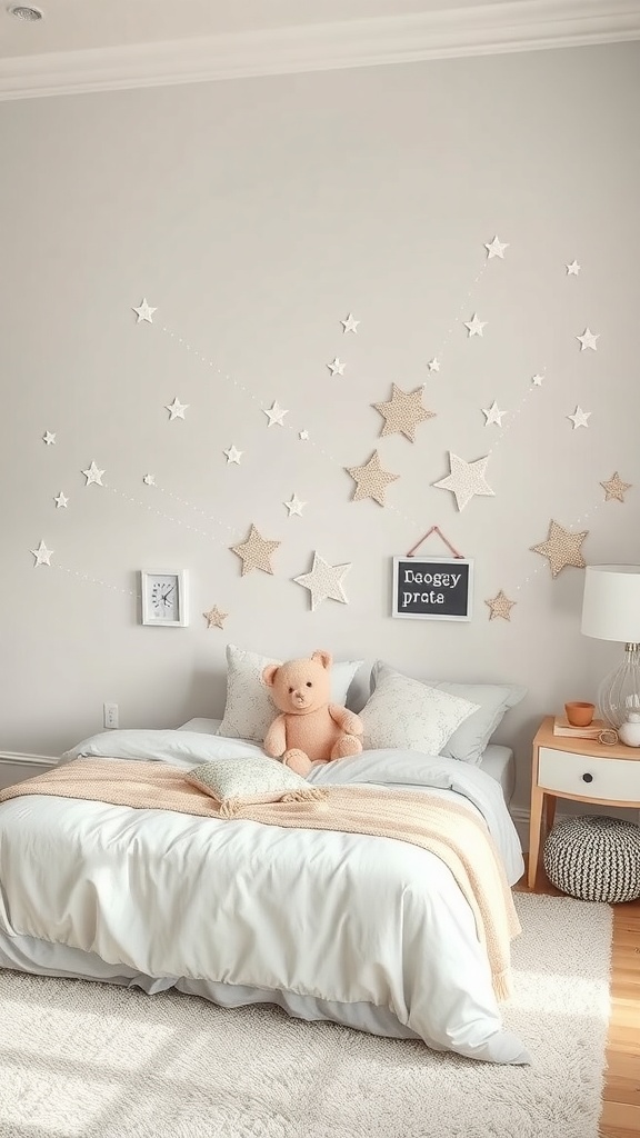 A cozy bedroom featuring shooting star wall decals, a teddy bear, and soft bedding.