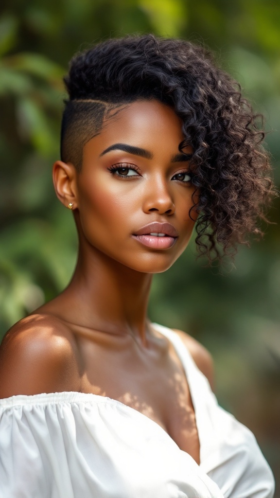 A woman with a short tapered cut hairstyle, featuring defined curls on top and shaved sides.