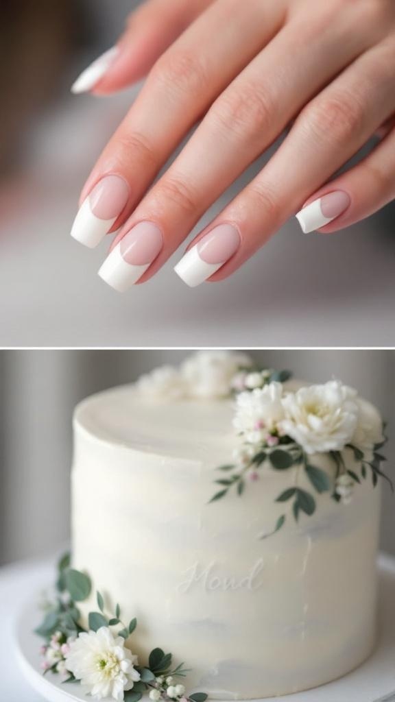 Short French nails with a nude base and white tips, adorned with pearls, displayed next to a wedding cake.