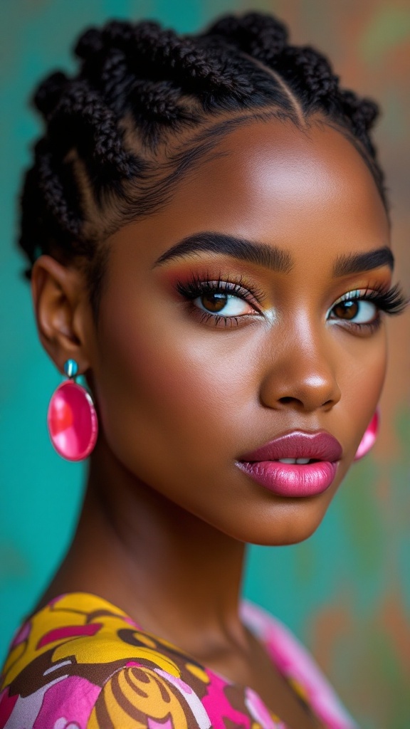 A close-up of a person with short box braids, wearing colorful earrings and vibrant clothing.