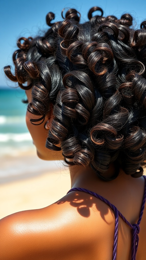 A person with a short curly bob hairstyle, showcasing defined curls against a beach background.